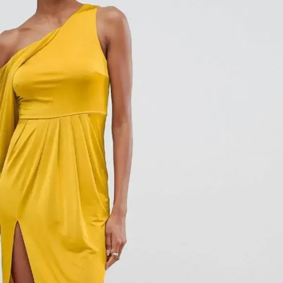 ASOS NEW One Shoulder Long Sleeve Gorgeous Yellow Gold Slinky Asymmetric Dress 2 - Picture 7 of 9